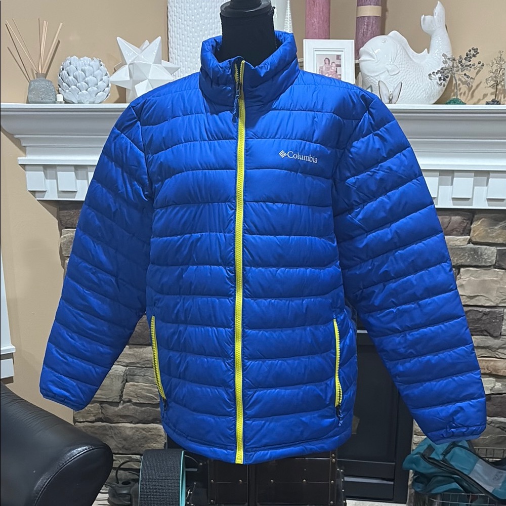 Columbia Blue Puffer Jacket with Yellow Accents